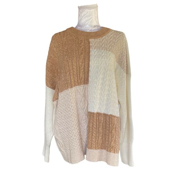 Lands End White Beige Colorblock Cable Knit Oversize Fisherman Sweater Sz Large - Picture 1 of 16